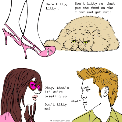 Don't kitty me. Just put the food on the floor and get out!
